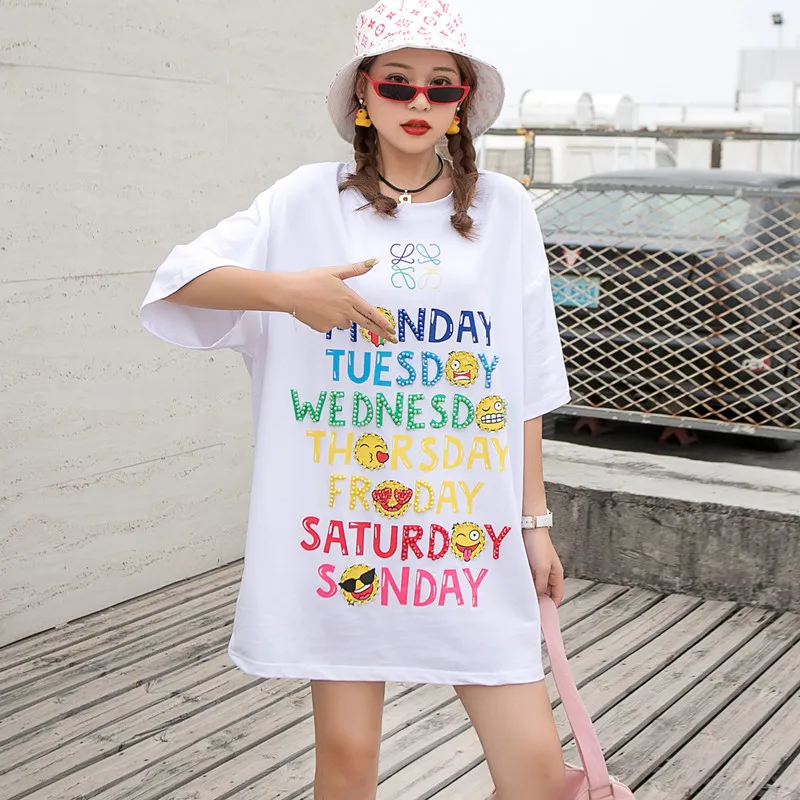 

QING MO Black White Women Colorful Letter T Shirt With Beading Women Short Sleeve Loose T Shirt Female Casual T Shirt ZQY6943