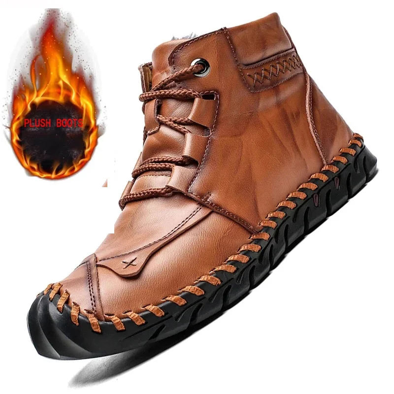 

2021Winter Men's Boots Thick Plush Warm Men's Snow Boots Handmade Man Ankle Boots Waterproof Non-slip Zapatos De Hombre