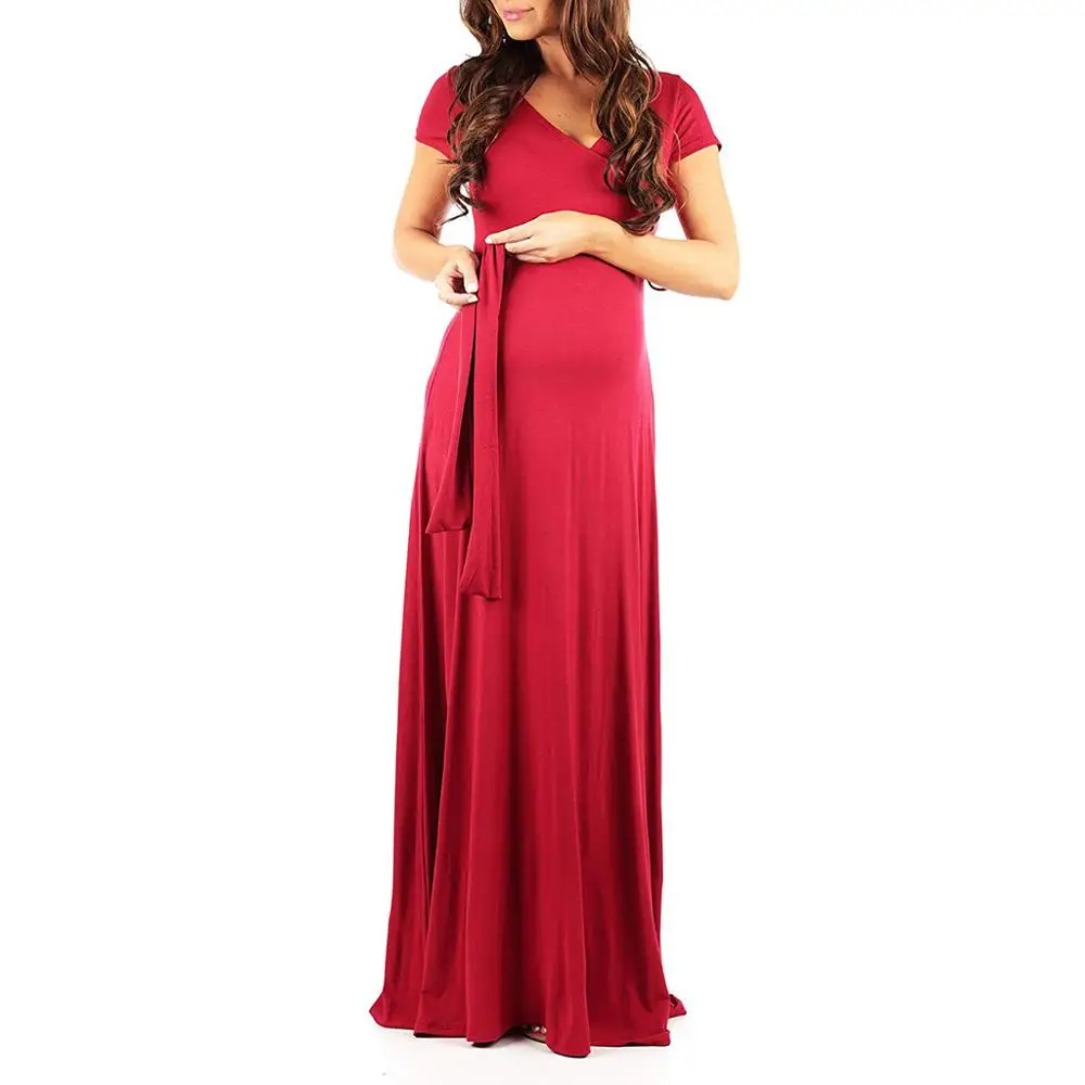 

Women's V-neck short-sleeved long skirt pregnant women's skirt natural belt, solid color long fashion women's maternity dress