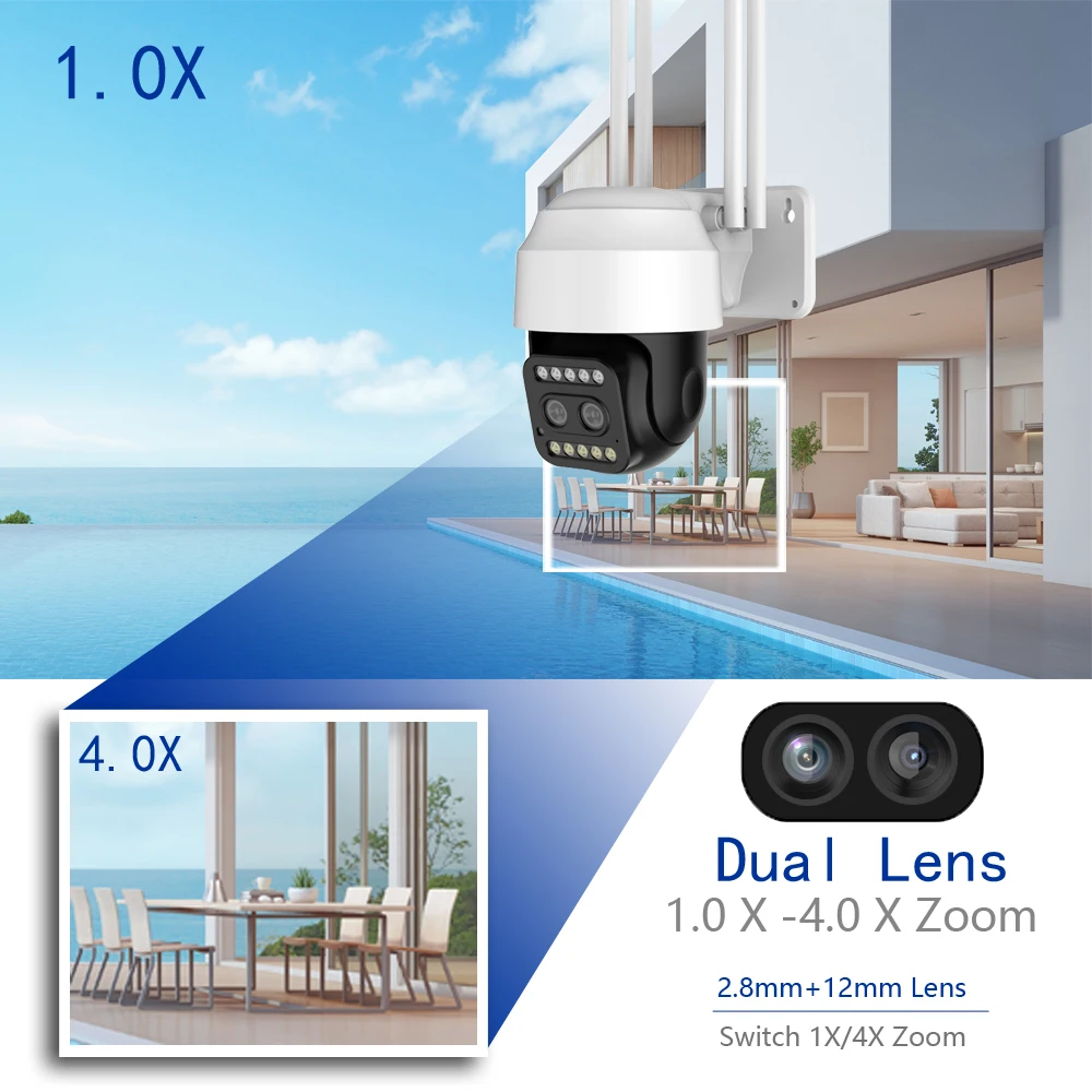 HD 1080P с двумя объективами PTZ Wifi камера наружного автоматического слежения CCTV 4X ZOOM