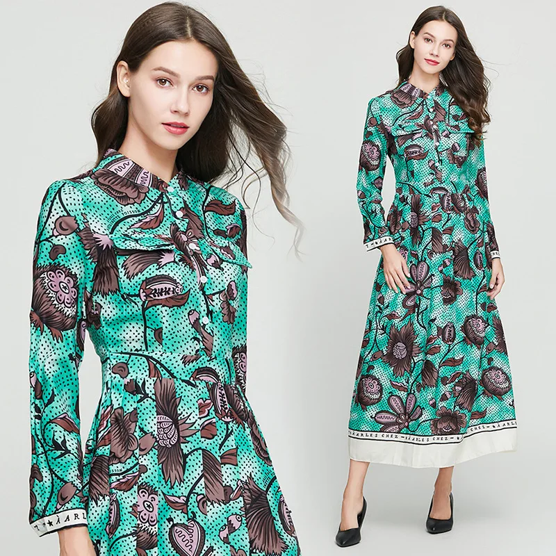 

Fashion Designer Runway Green Dress Women 2020 Spring Summer Polka Dots Shirt Dresses Floral Print Long Sleeve Maxi Dress Party