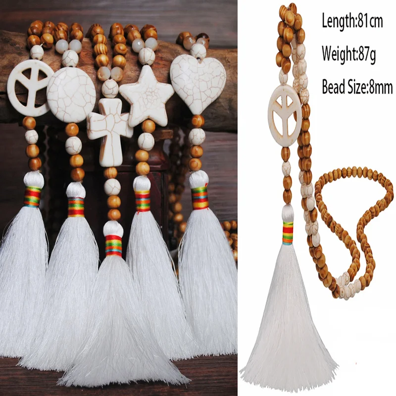 

New Vintage Cross Peace Pattern Sweater Chain Long Necklace Turquoise Leaf Tassel Charm Pendant Necklace Jewelry for Women Gifts