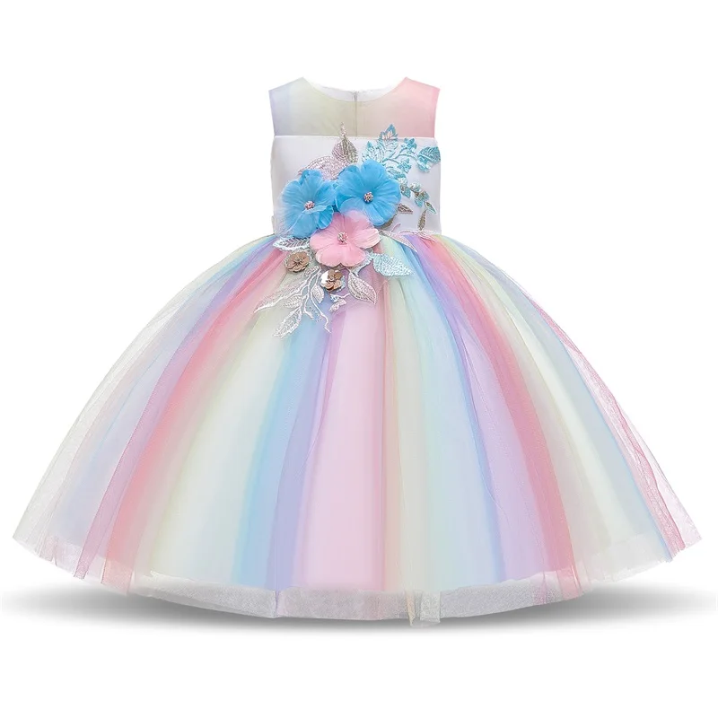 Unicorn Party Fluffy Girl Tiered Floral Tutu Dress Halloween Rainbow Costume Princess Toddler Girls Backless Cartoon | Детская одежда и
