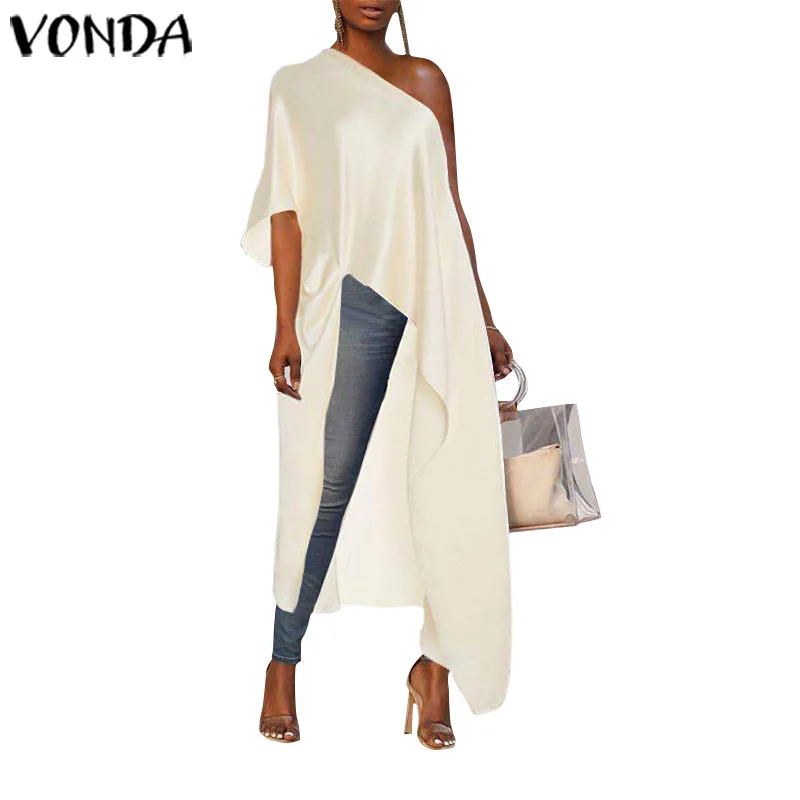 VONDA, Длинная женская блузка, асимметричная туника, сексуальные, с открытыми плечами, вечерние рубашки,, праздничные пляжные топы размера плюс, Blusas Femininas - Цвет: Beige