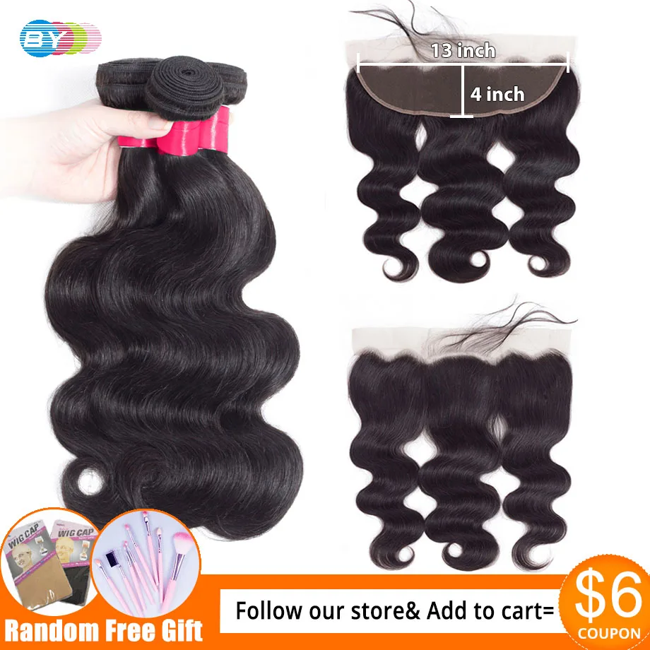 BodyWave пряди с фронтальной бразильские уха до Кружева Фронтальные с пряди человеческих волос пряди с закрытием наращивание волос