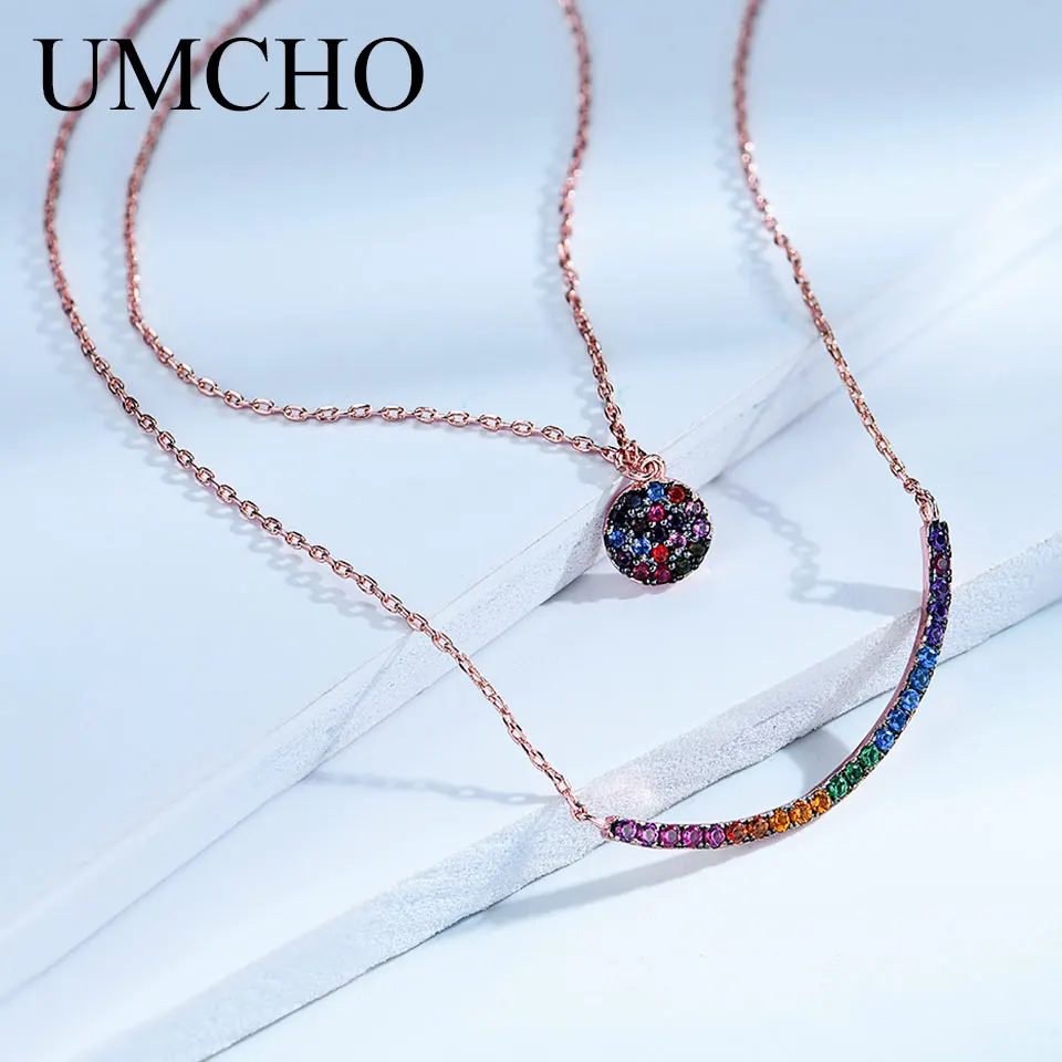 UMCHO серебро 925 пробы цветной драгоценный камень смайлик ожерелье Двойная Цепочка