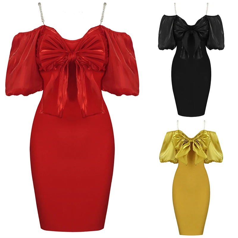 

Free shipping high quality black red and ginger light V neck gauze short-sleeved beaded shoulder strap rayon bandage party dress