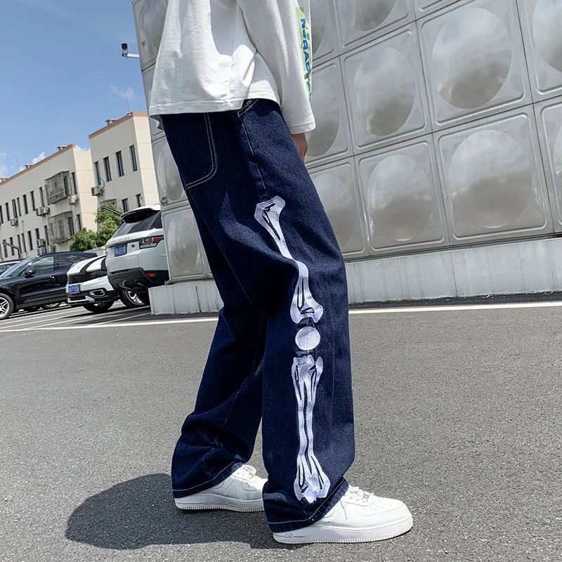 

Men Skeleton Baggy Causal Jeans Pants 2022 Japanese Streetwear Wide Leg s Male Blue Vintage Denim Trousers 5XL