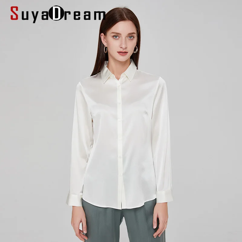 

SuyaDream шелковые рубашки для женщин 92% шелк Базовая Однотонная рубашка с отложным воротником офисная шикарная рубашка 2022 весенние белые элега...