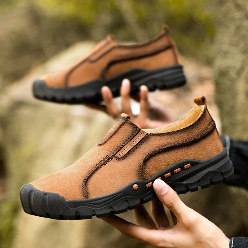 

Genuine Leather Men's Loafers Quality British Slip-On Shoes Outdoors Hiking Casual Non-Slip Shoes Retro Trend Men Driving Shoes