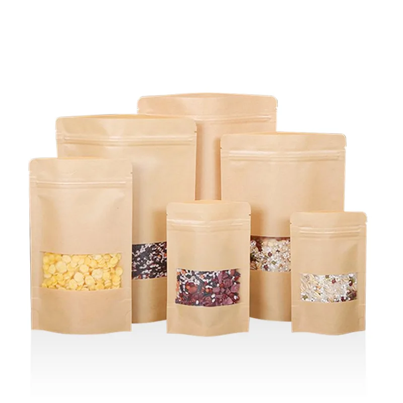 50/100pcs kraft paper zipper lock window bag brown re-sealable stand-up pouch coffee bean wedding festival food packaging
