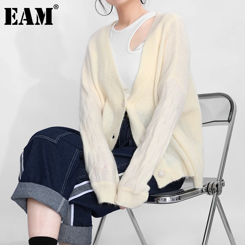 

[EAM] бежевый вязаный кардиган большого размера, свитер, свободный крой, v-образный вырез, длинный рукав, Женская Новая мода, Осень-зима 2021, ...