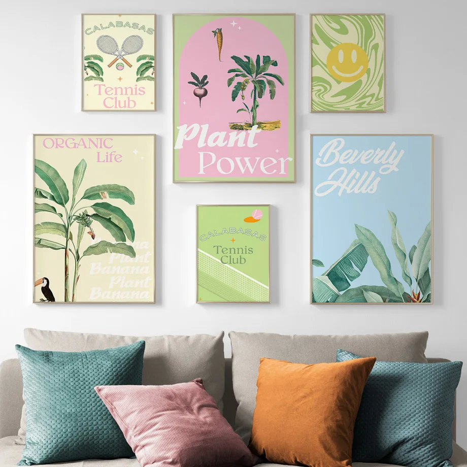 

Flat White Green Pink Tennis Club Plantain Palm Leaf Plant Wall Art Print Canvas Painting Decoration Pictures For Living Room