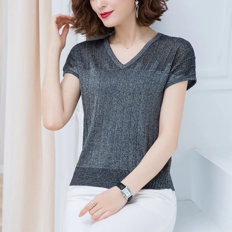 

6 Colors Women's Summer V-neck Ice Silk Tops Pullover Ladies Loose Short Sleeve thin Knitted T Shirt Korean Style Women Clothing
