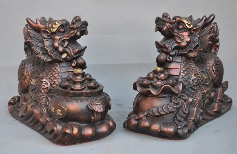 

Christmas Chinese Fengshui Bronze Wealth Treasure Dragon Kylin Unicorn chi-lin Statue Pair Halloween