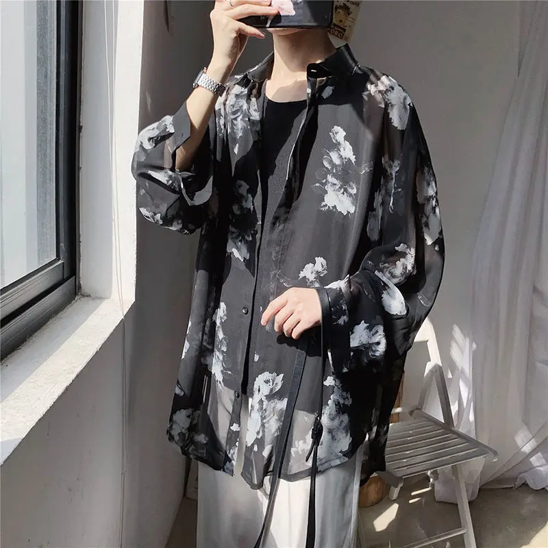 

Men's Hawaiian Shirt Long Sleeve Sunscreen Dress Floral Print Shirt Loose Masculina Fashion Shirt M-XL Long Sleeve Shirt