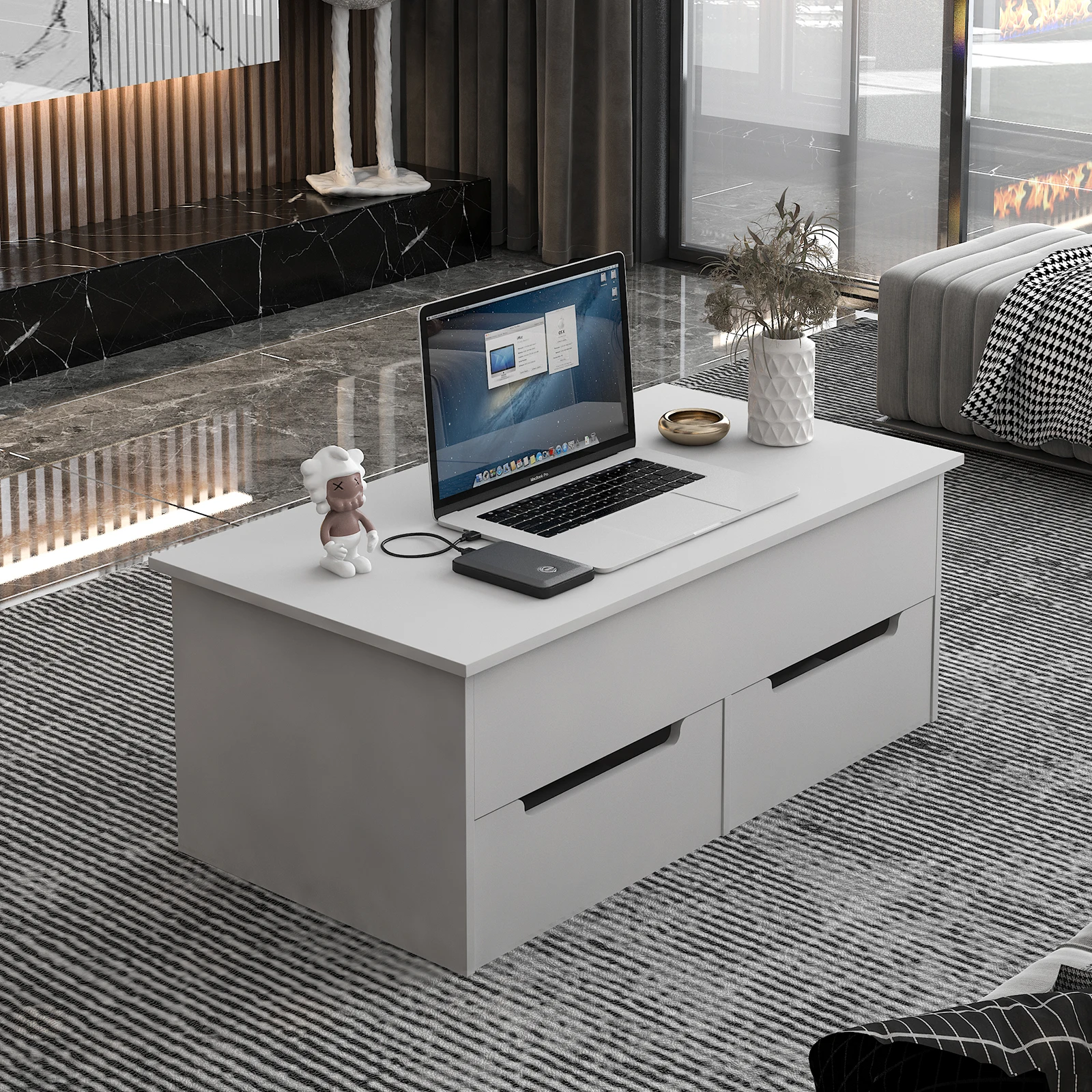 

Современный журнальный столик, современный чайный столик с 2 ящиками и скрытым отсеком, подъемный коктейльный столик, белый [US-Stock]