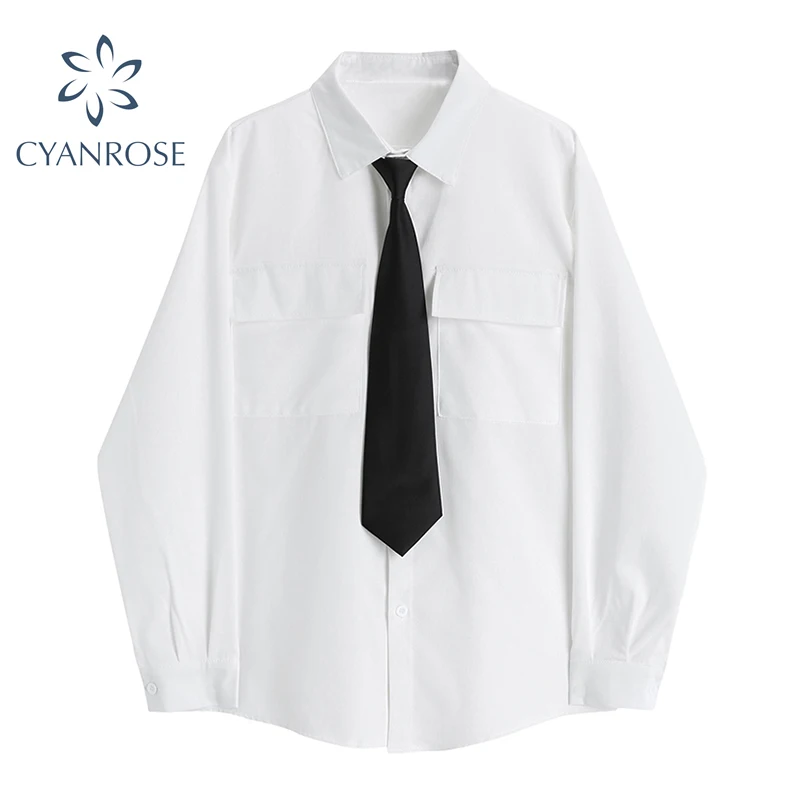 

Oversized Boyfriend Tie Shirts And Blouses For Ladies With Long Sleeve Streetwear Student 2021 Basic White&Black Tide Tops Women