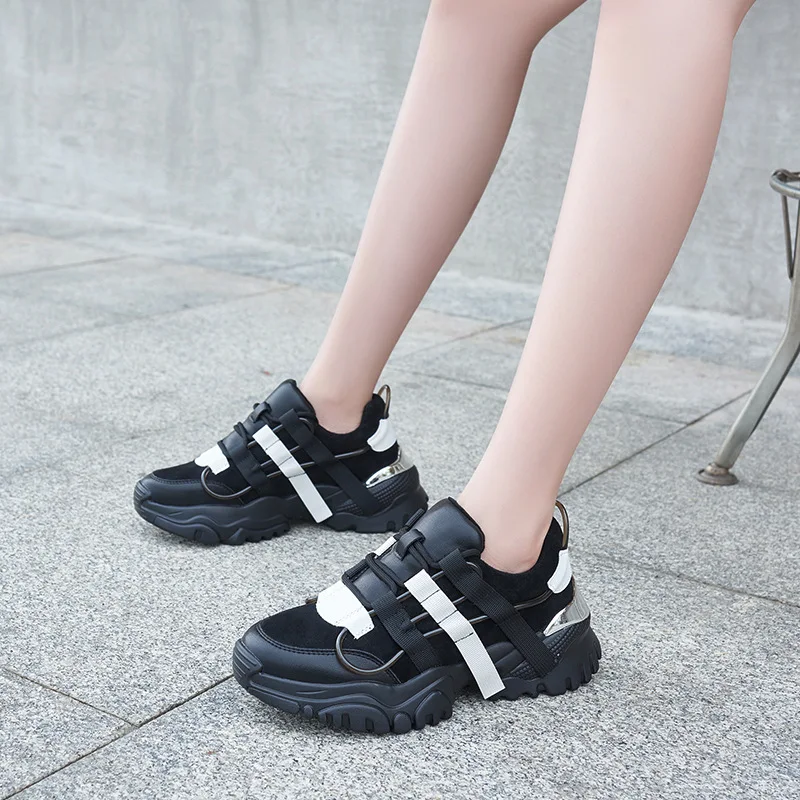 

Chunky Sneakers Women Autumn and Winter Cow Leather Lace-Up Thick Bottom Mixed Colors Ladies Comfortable Casual Shoes