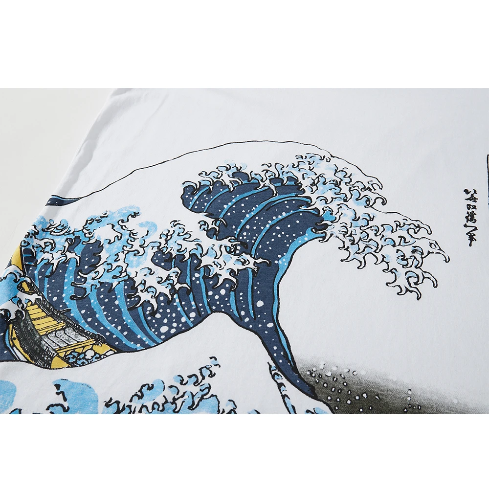 

Aolamegs Oversized Men's T-shirt Japanese False Two Tshirts Autumn Long Sleeve Sweatshirts Wave Print Casual Hip Hop Pullover