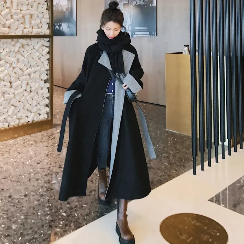 

Women Black Long Woolen Coat Loose Oversize New Arrivals Waistband Overcoat