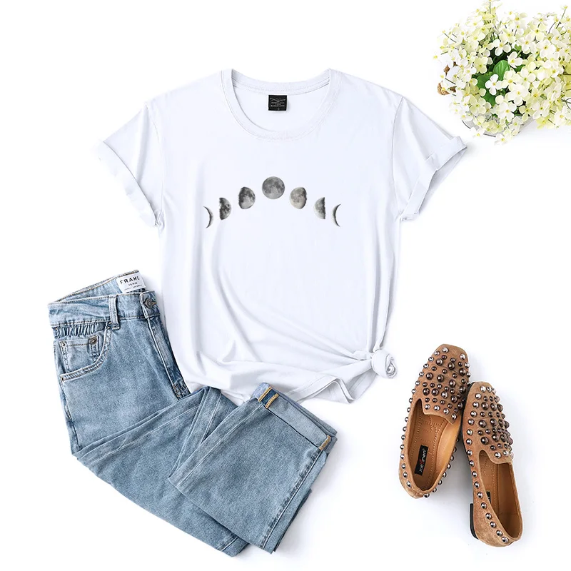 

New Arrival Moon Planet Print T Shirt Women Loose Casual Cotton Short Sleeve Tee Aesthetic Planet Graphic Tops XS-3XL 11colour