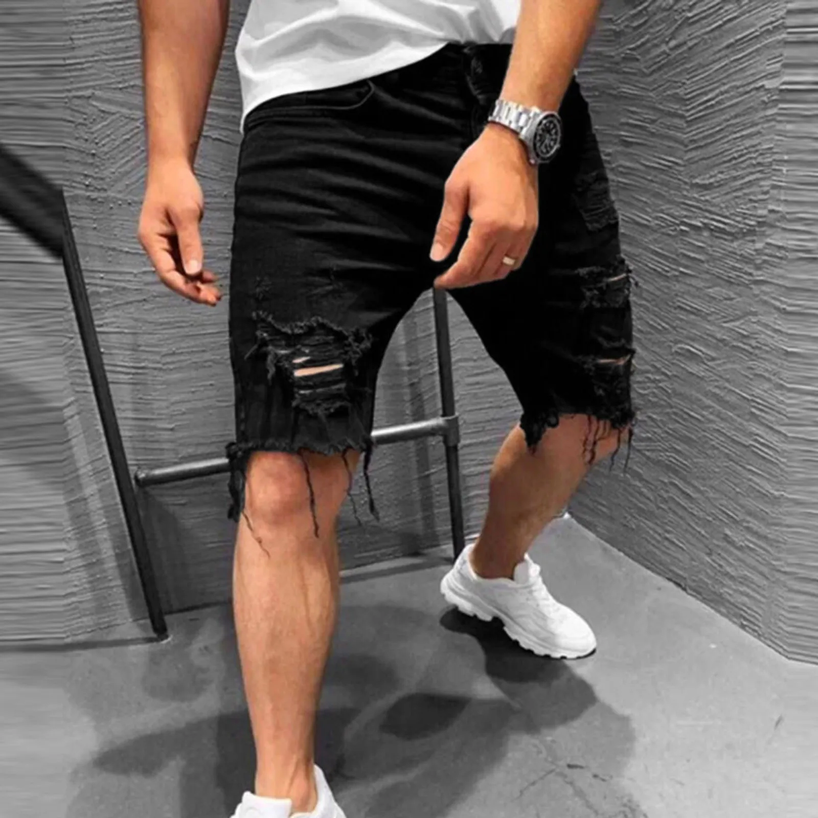 

Mens Summer Casual Fitness Bodybuilding Pocket Denim Hole Sports Pants Shorts Black Jeans Zipper Fashion Streetwear Breathable A