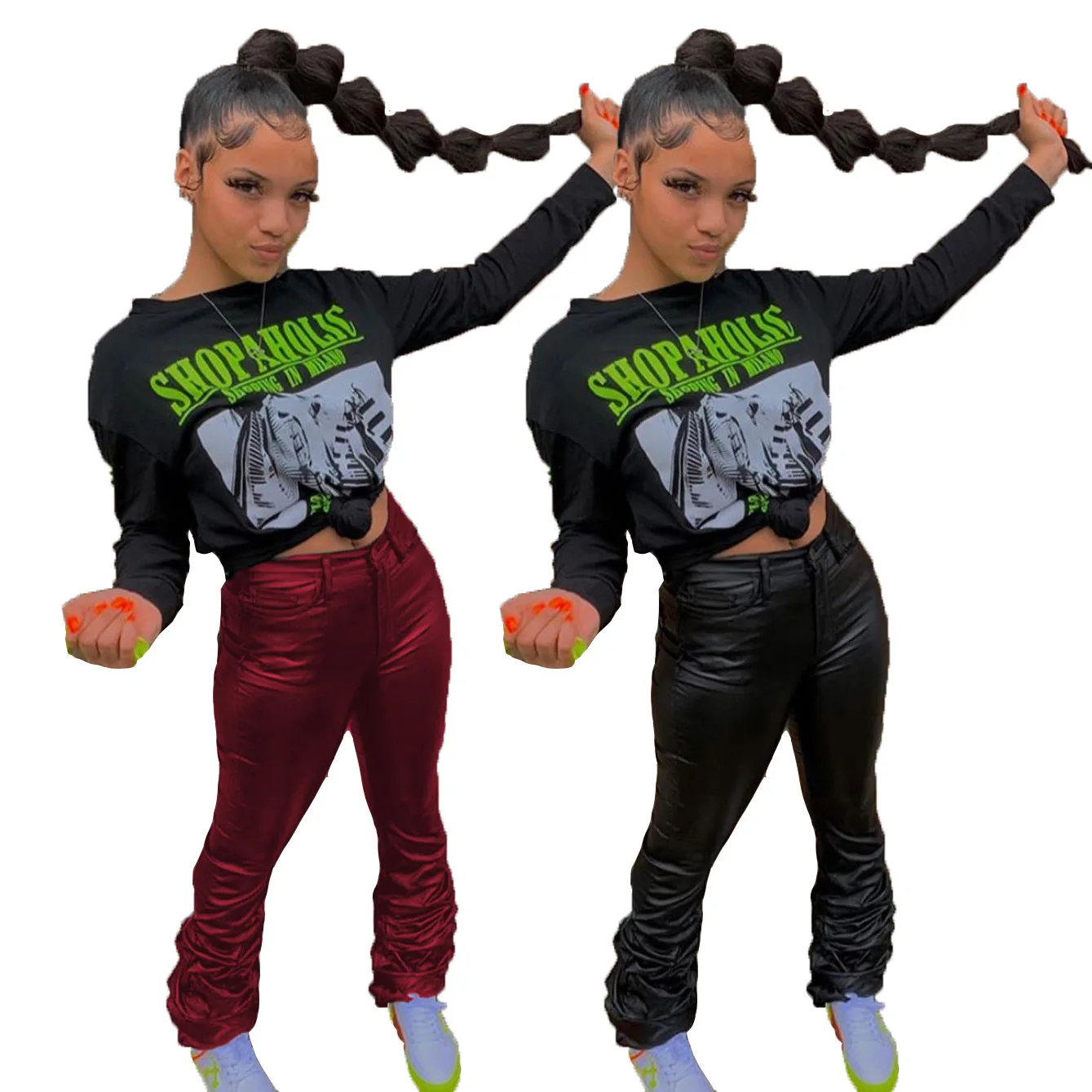 

Stacked Sweatpants for Women Fall Winter Joggers Clothing for Streetwear High Waist Pants PU Ruched Flare Women Bottoms Pants