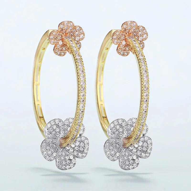 Очень женские роскошные серьги-кольца 3 тона в форме цветка с микрозакрепкой из