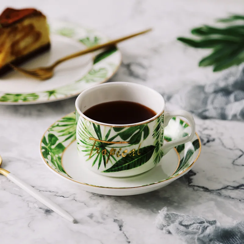 

4pcs Nordic Creative Plant Green Leaf Bone China Phnom Penh Coffee Cup Dish Fresh Turtle Back Bamboo Ceramic Black Tea Cup