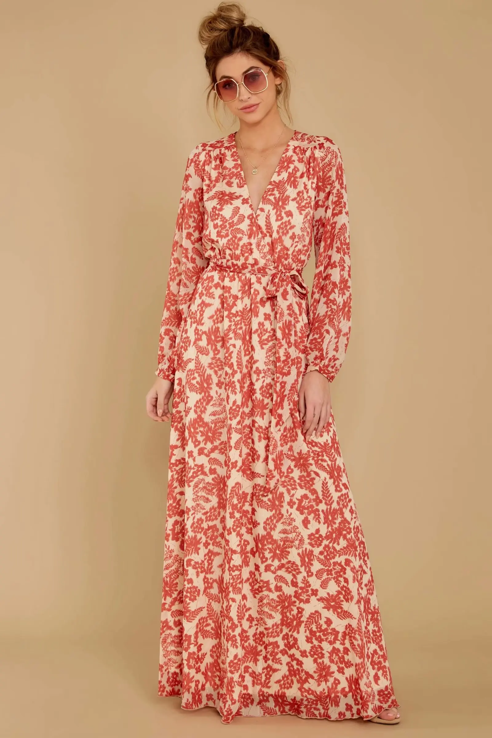 

New Chiffon Summer Dress Women Spring Floral Long Sleeve V-neck Elastic Waist Sashes Dress Vintage Pleated Holiday Vestidos
