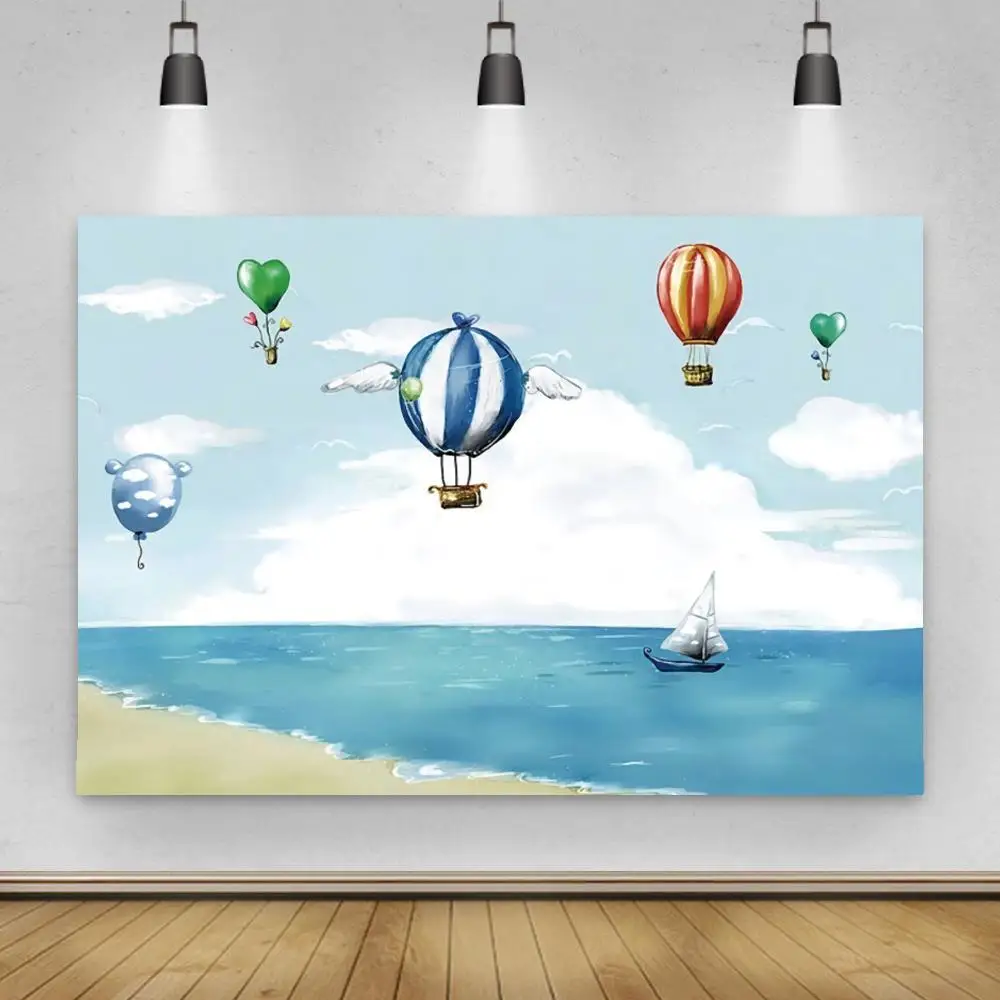 

Фон для фотосъемки новорожденных с изображением воздушного шара летающего на голубом море декор для детской вечеринки