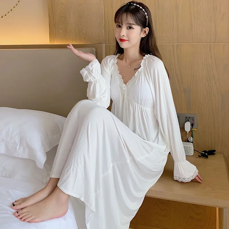 Fdfklak Good Quality Nightgowns For Women Modal Cotton Long Sleeve Sweet Princess Dress 2022 Spring Autumn Nightwear Night Shirt