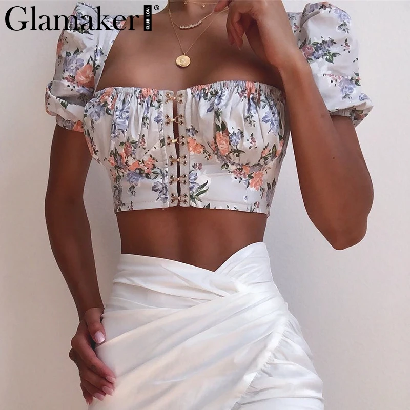 Женский укороченный топ с квадратным вырезом и рукавами фонариками|Майки| |