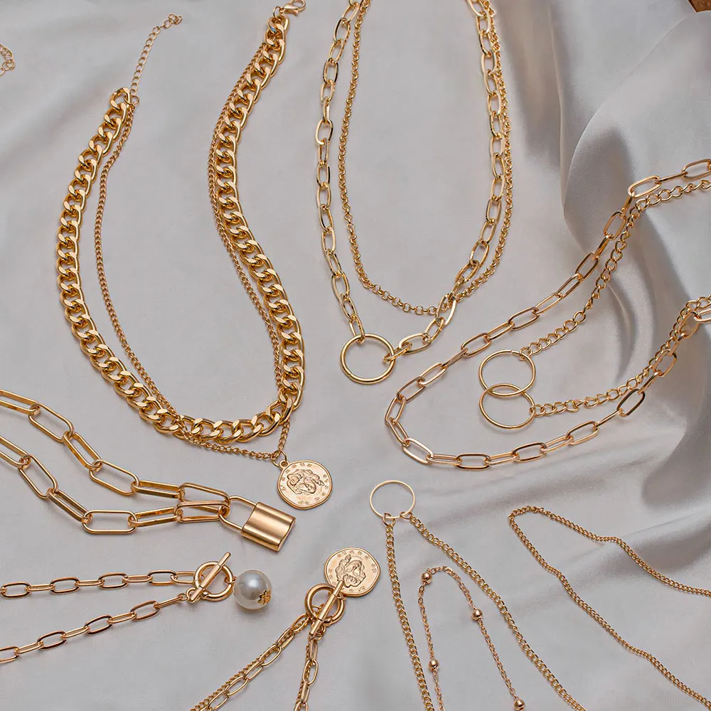 Женское винтажное ожерелье чокер многослойное золотистого цвета с цепочкой на - Фото №1