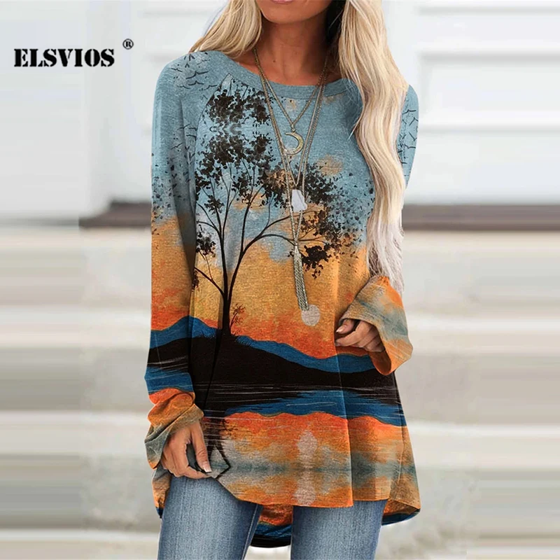 

Женская длинная футболка с длинным рукавом, повседневный Свободный пуловер с круглым вырезом и принтом в виде пейзажа, базовый элегантный в...