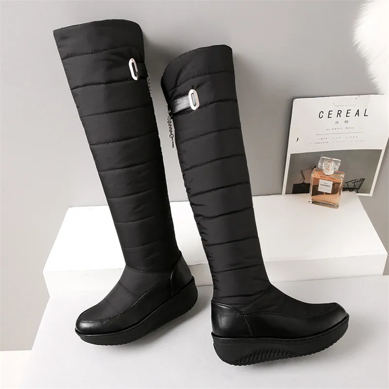 

ANNYMOLI Women Knee High Boots Shoes Buckle Platform Mid Heel Snow Boots Wedge Heels Fur Lining Long Boots Ladies Winter Blue 44
