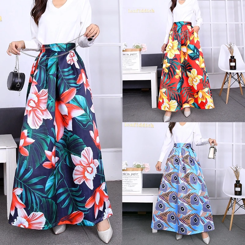 

2021 New Women's Skirts Spring and Summer High Waist Elastic Waist and Floor Skirt Retro Floral Skirt Pocket Long Skirt