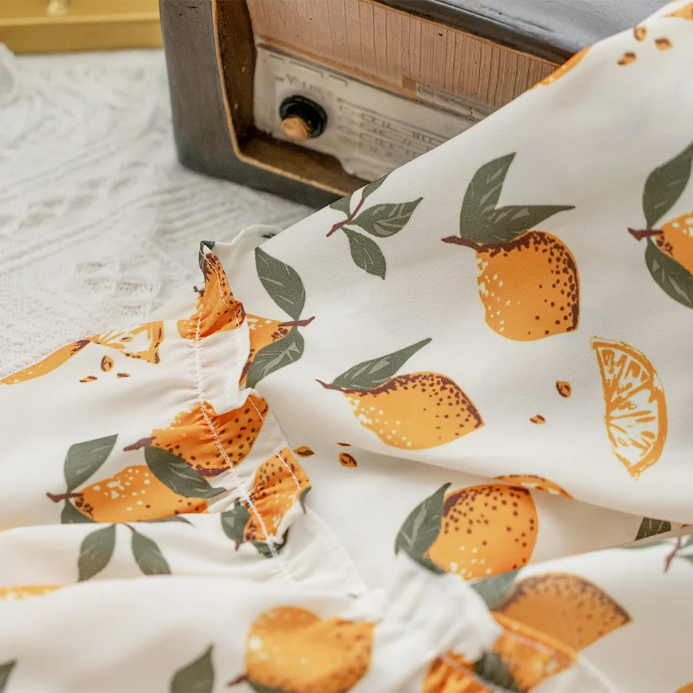 

Spring/Summer 2021 Orange/Lemon Fruit Print French Women's Casual Dress V Neck Single Buttons Short Sleeve Chiffon Wiggle Dress