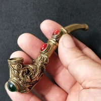 antique pure copper carved dragon and phoenix pipe old dry tobacco filter pipe metal craft gift