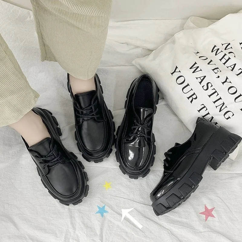 

Black Single Shoe Woman 2022 Spring New British Wind Lacing Black Leather Shoes Women's Platform Shoes Wholesale