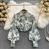 2021 elegant flower print blouse shirt tops womens shirt collar long lantern sleeve autumn spring casual runway shirts s63275
