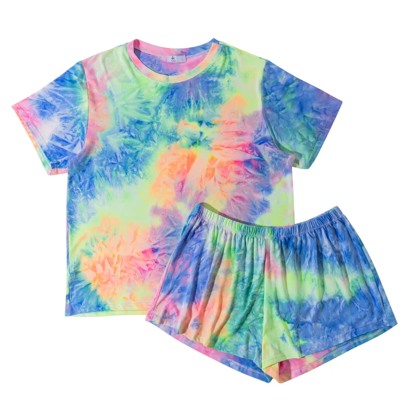 

Summer Tie Dye Pajamas Sets for Women Casual Breathable Sleepweare Short Sleeve Tee Shirt Pajama Set