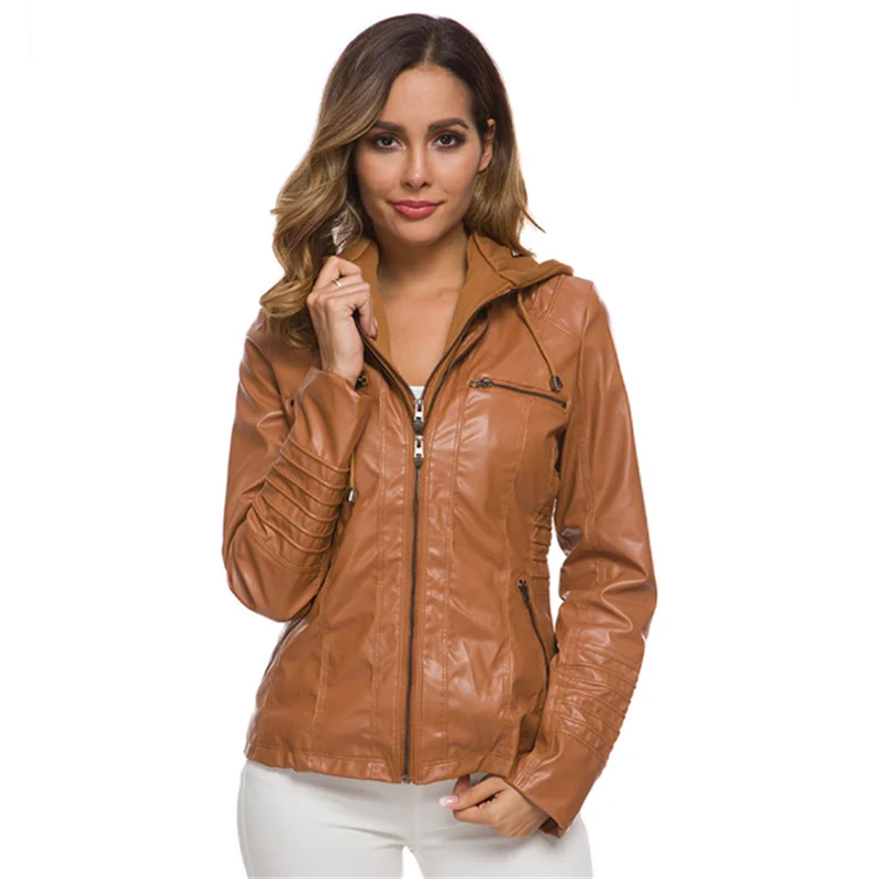 

Fashion Women's Convertible Collar Faux Leather Jacket Detachable Hooded Jacket 2021 New