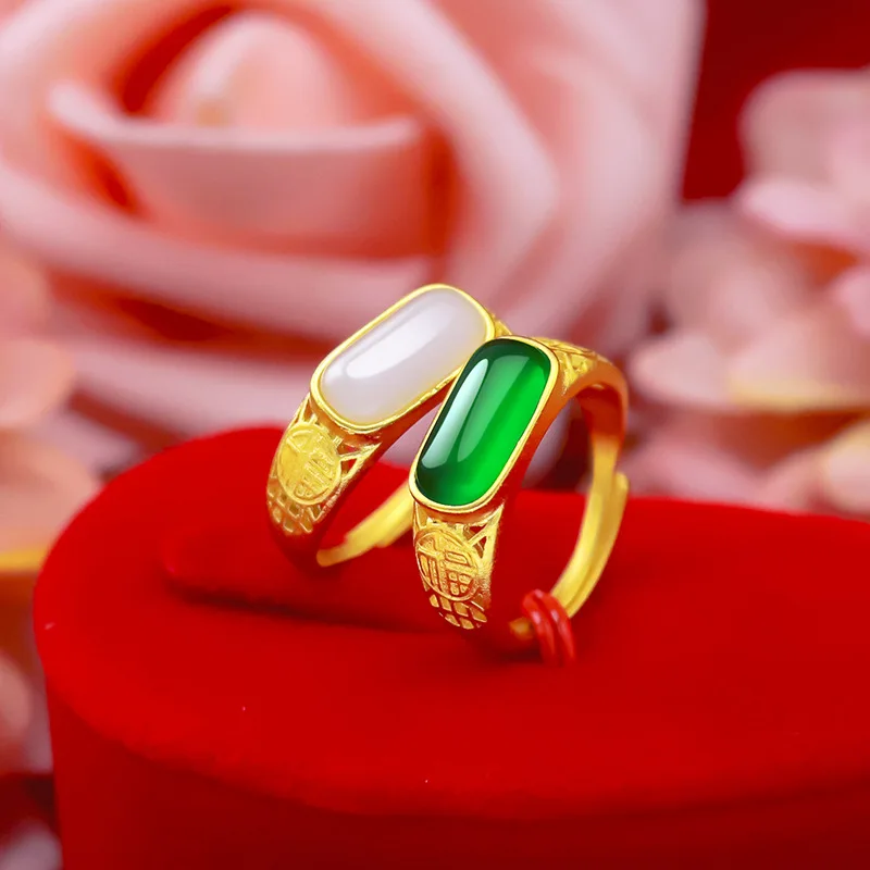 

FASHION 14K GOLD RING FOR WOMEN MEN WEDDING ENGAGEMENT JEWELRY JADE GEMSTONE AGATE RINGS FOR COUPLE GREEN EMERALD JEWELRY GIFTS