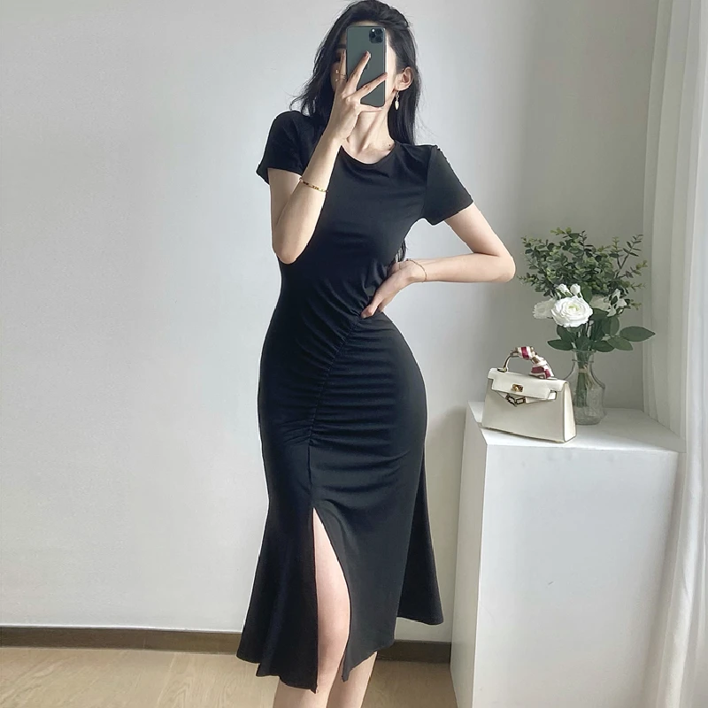 

Summer Party Basic Dresses Ladies Short sleeve Womens Solid Bodycon Stretch Midi Dress O Neck Casual Sexy Slim Fashion Vestido