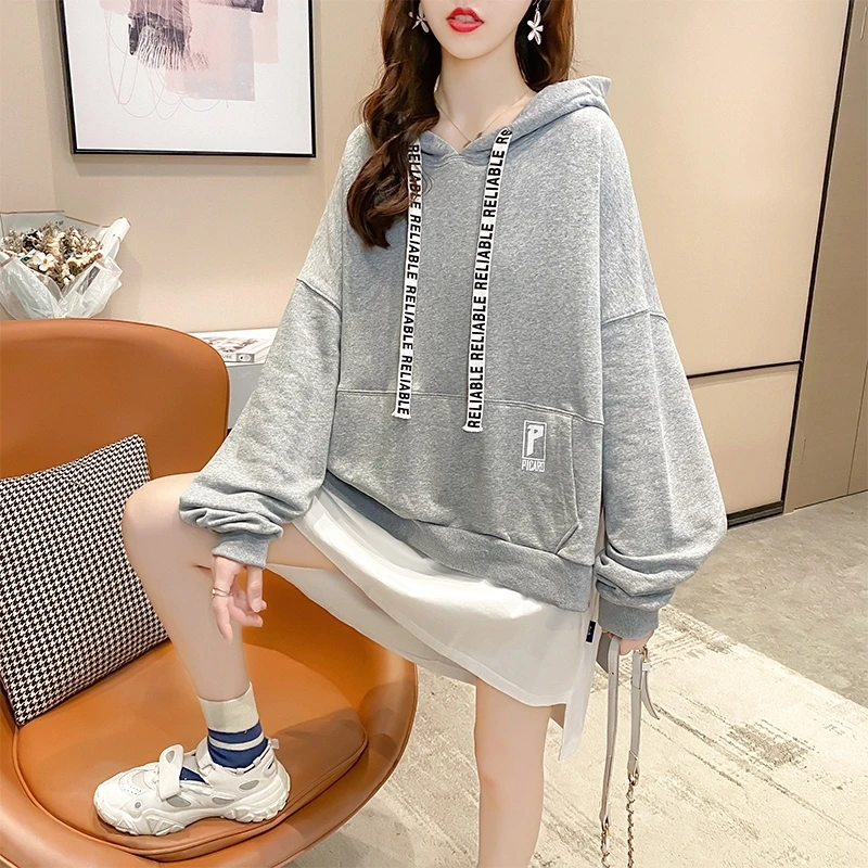 

Women's Large Size Mid-Length Fake Two-Piece Hooded Sweater for Plump Girls Spring and Autumn New Belly-Covering Slimming Thin