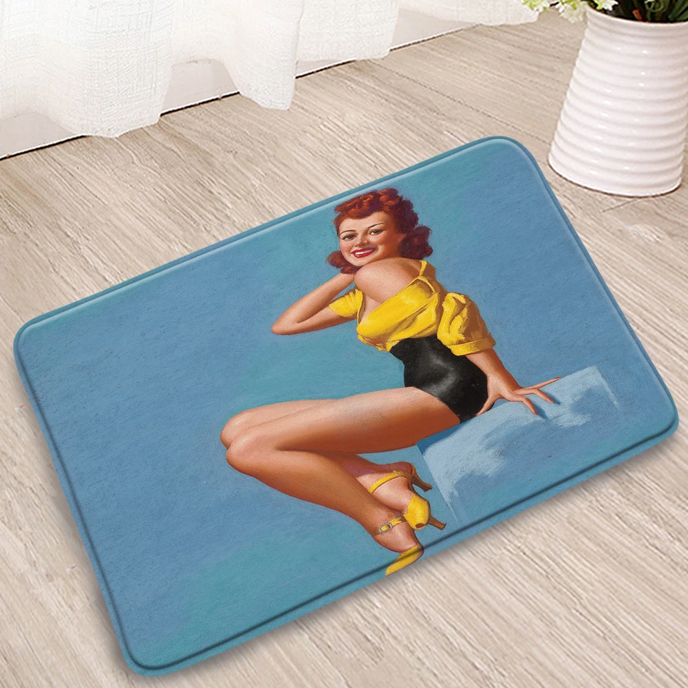 

American Style Oil Printing Bathroom Mat Sexy Women Dog Doorway Welcome Carpets Kitchen Bedroom Flannel Non-Slip Rug Floor Decor