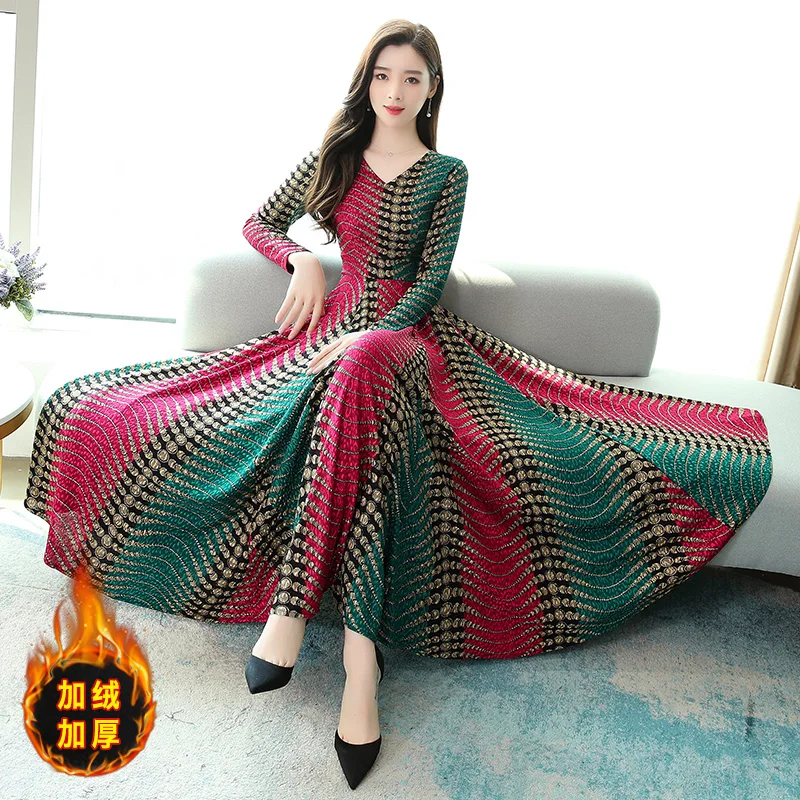 Плюс бархатное плотное осенне зимнее платье с длинными рукавами женское тонкое