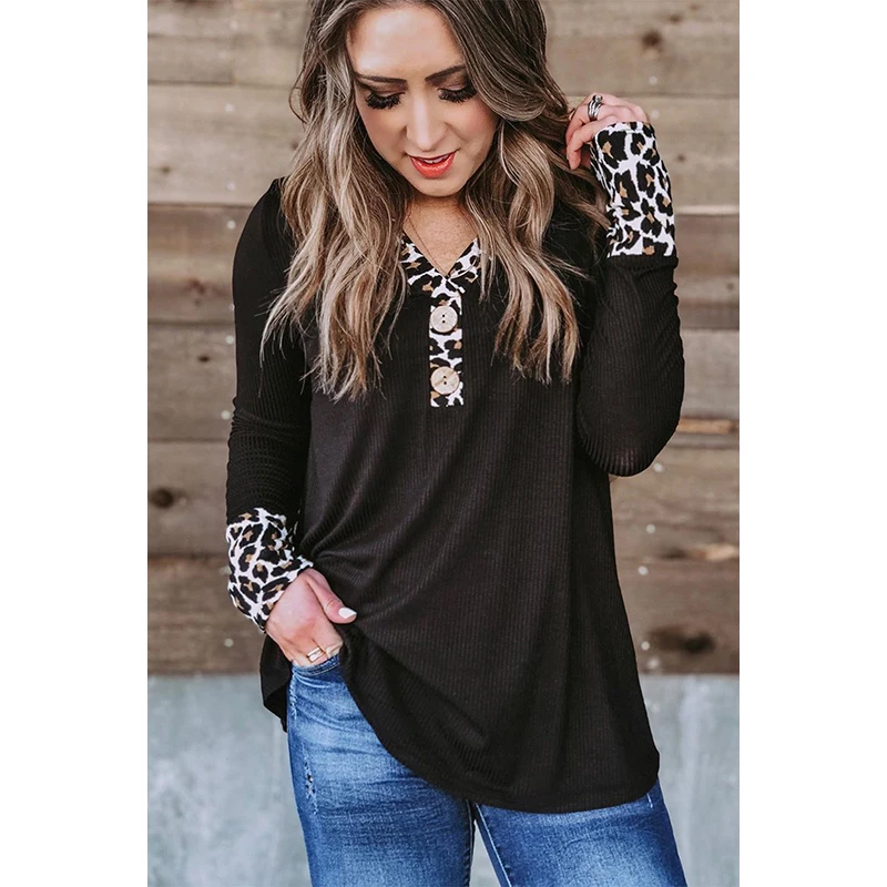 

harajuku Plus Size Leopard Accent Ribbed Knit Long Sleeve Top 2020 Mujer Camisetas Woman Tshirts Vetement Femme Clothes 2XL